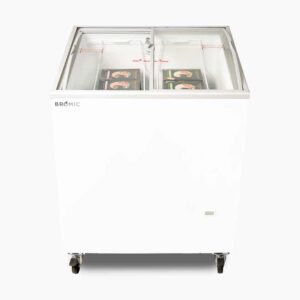 Image of a 176L small white display chest freezer with a curved glass top, front view with frozen goods inside.
