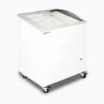 Image of a 176L small white display chest freezer with a curved glass top, left angled view.
