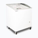 Image of a 176L small white display chest freezer with a curved glass top, left angled view with frozen goods inside.