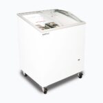 Image of a 176L small white display chest freezer with a curved glass top opened with frozen goods inside.