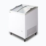 Image of a 176L small white display chest freezer with a curved glass top, right angled view.