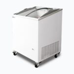 Image of a 176L small white display chest freezer with a curved glass top, right angled view with frozen goods inside.