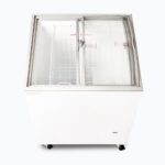 Image of a 176L small white display chest freezer with a curved glass top, top view.