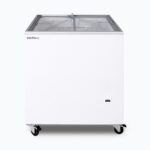 Image of a 191L small white display chest freezer with a flat glass top, front view.