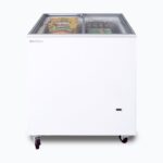Image of a 192L small white display chest freezer with a flat glass top, front view with frozen goods inside.