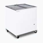 Image of a 191L small white display chest freezer with a flat glass top, left angled view.
