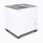 Image of a 191L small white display chest freezer with a flat glass top, left angled view with frozen goods inside.