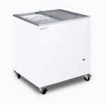 Image of a 191L small white display chest freezer with a flat glass top opened.