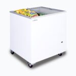 Image of a 191L small white display chest freezer with a flat glass top opened with frozen goods inside.