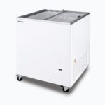 Image of a 191L small white display chest freezer with a flat glass top, right angled view.