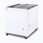 Image of a 191L small white display chest freezer with a flat glass top, right angled view with frozen goods inside.