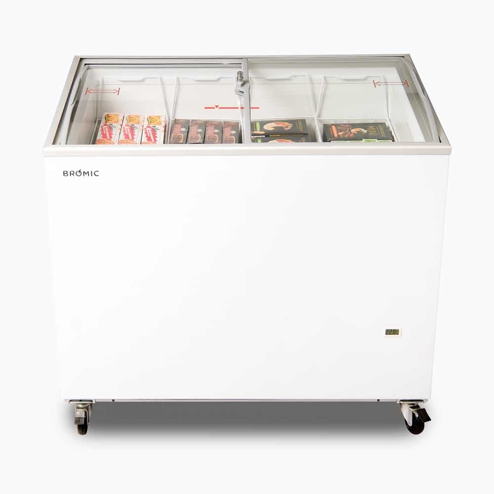 Image of a 264L small white display chest freezer with a curved glass top, front view with frozen goods inside.