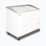 Image of a 264L small white display chest freezer with a curved glass top, left angled view.