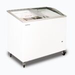 Image of a 264L small white display chest freezer with a curved glass top, left angled view with frozen goods inside.