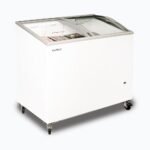 Image of a 264L small white display chest freezer with a curved glass top opened with frozen goods inside.