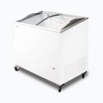 Image of a 264L small white display chest freezer with a curved glass top, right angled view.