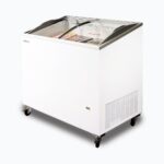 Image of a 264L small white display chest freezer with a curved glass top, right angled view with frozen goods inside.