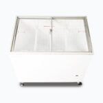 Image of a 264L small white display chest freezer with a curved glass top, top view.