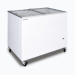Image of a 296L small white display chest freezer with a flat glass top, left angled view.