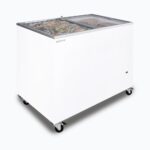 Image of a 296L small white display chest freezer with a flat glass top, left angled view with frozen goods inside.