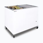 Image of a 296L small white display chest freezer with a flat glass top opened with frozen goods inside.