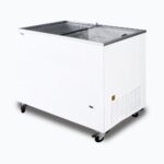 Image of a 296L small white display chest freezer with a flat glass top, right angled view.