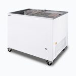 Image of a 296L small white display chest freezer with a flat glass top, right angled view with frozen goods inside.