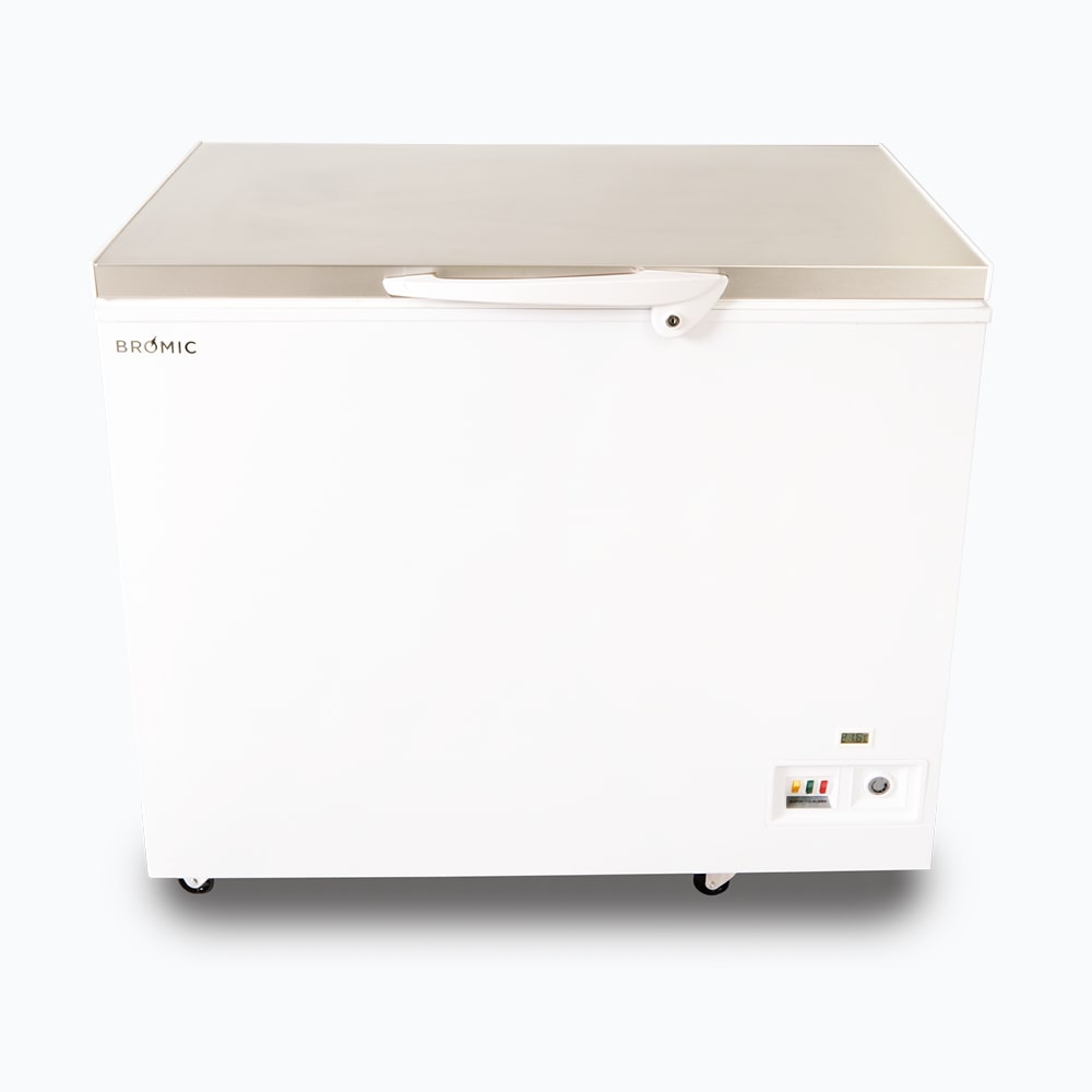 Image of a 296L small white chest freezer with a stainless steel top, front view.