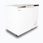 Image of a 296L small white chest freezer with a stainless steel top, left angled view.