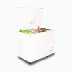 Image of a 296L small white chest freezer with a stainless steel top, left angled view with frozen goods inside.