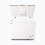 Image of a 296L small white chest freezer with a stainless steel top that is opened.