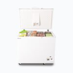 Image of a 296L small white chest freezer with a stainless steel top that is opened with frozen goods inside.