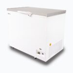 Image of a 296L small white chest freezer with a stainless steel top, right angled view.