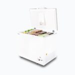 Image of a 296L small white chest freezer with a stainless steel top, right angled view with frozen goods inside.
