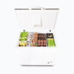Image of a 296L small white chest freezer with a stainless steel top, top view with frozen goods inside.