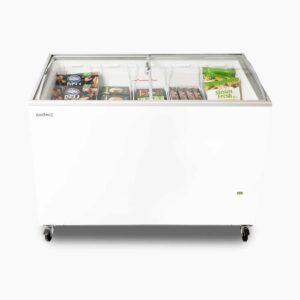 Image of a 352L medium white display chest freezer with a curved glass top, front view with frozen goods inside.