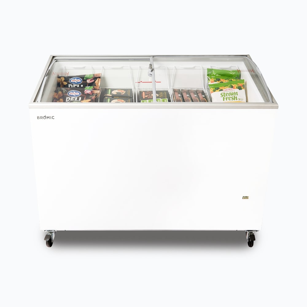 Image of a 352L medium white display chest freezer with a curved glass top, front view with frozen goods inside.