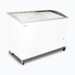 Image of a 352L medium white display chest freezer with a curved glass top, left angled view.