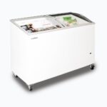 Image of a 352L medium white display chest freezer with a curved glass top opened with frozen goods inside.