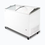 Image of a 352L medium white display chest freezer with a curved glass top, right angled view.