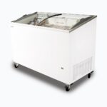 Image of a 352L medium white display chest freezer with a curved glass top, right angled view with frozen goods inside.