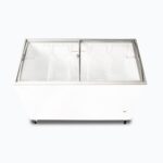 Image of a 352L medium white display chest freezer with a curved glass top, top view.
