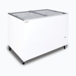 Image of a 401L medium white display chest freezer with a flat glass top, left angled view.
