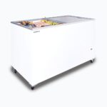 Image of a 401L medium white display chest freezer with a flat glass top opened.