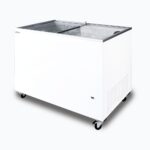 Image of a 401L medium white display chest freezer with a flat glass top, right angled view.