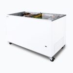 Image of a 401L medium white display chest freezer with a flat glass top, right angled view with frozen goods inside.
