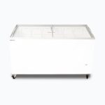 Image of a 427L medium white display chest freezer with a curved glass top, front view.