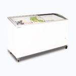 Image of a 427L medium white display chest freezer with a curved glass top, left angled view with frozen goods inside.