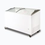 Image of a 427L medium white display chest freezer with a curved glass top, right angled view.