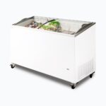Image of a 427L medium white display chest freezer with a curved glass top, right angled view with frozen goods inside.